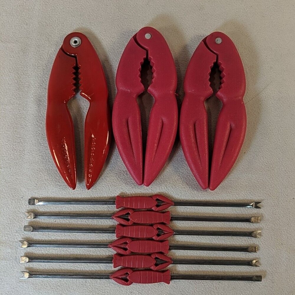 Red Lobster Claw Cracker Pick Fork Lot Set Plastic Metal Tool Seafood Nut Crab